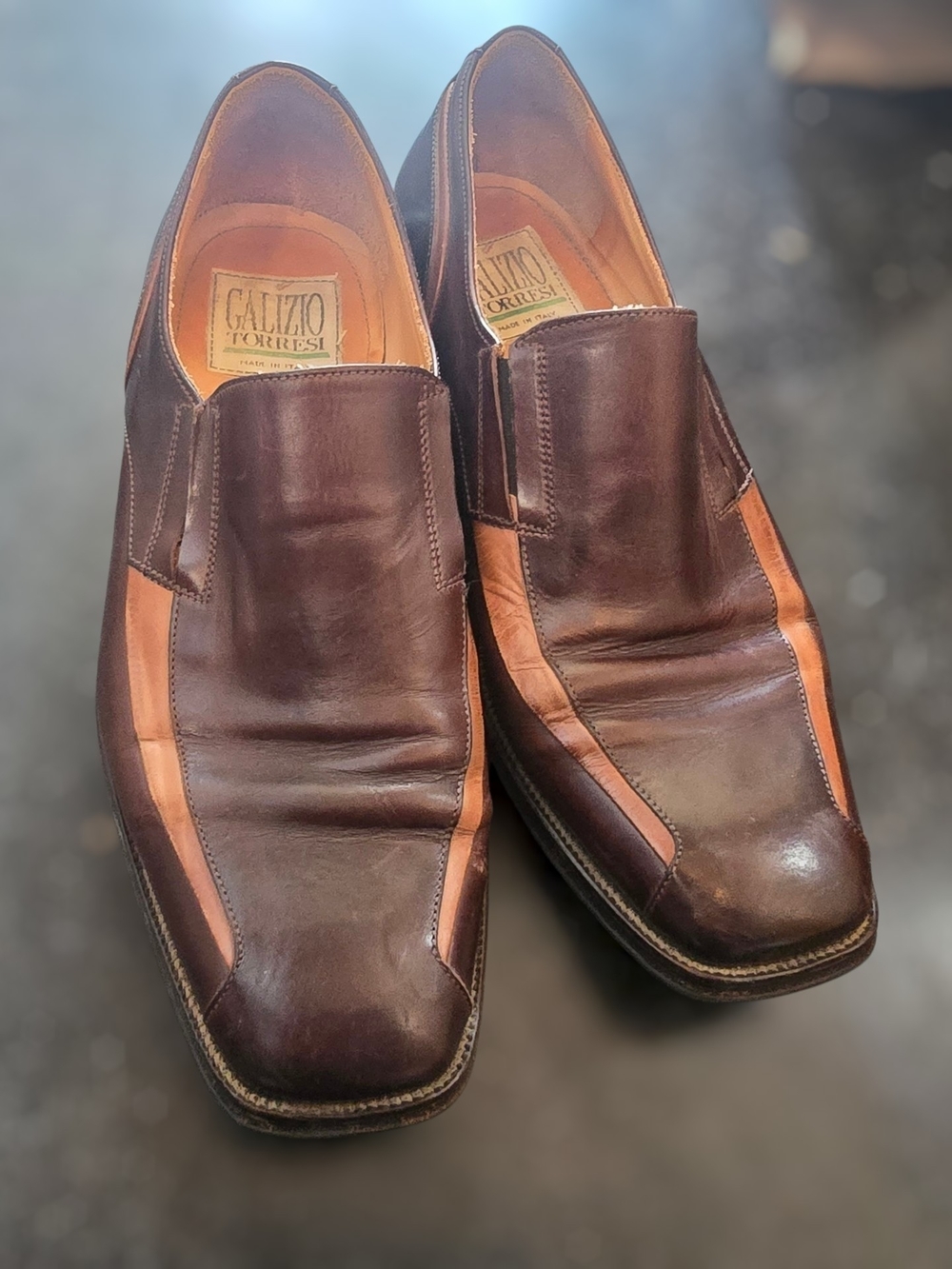 Galizio Torresi Two-Tone Dark Brown and Tan Leather Slip-On Loafers 39